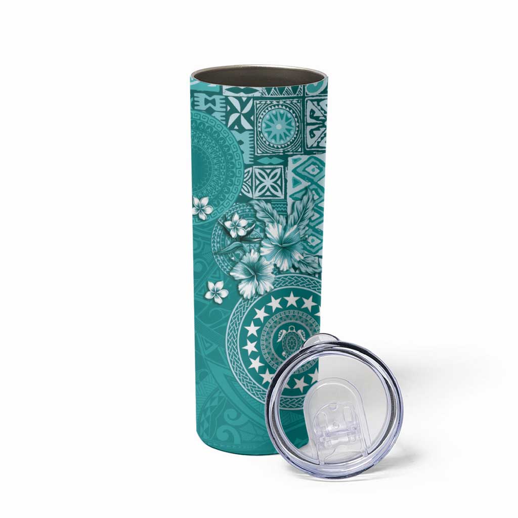 Cook Islands Skinny Tumbler Teal Hibiscus And Stars