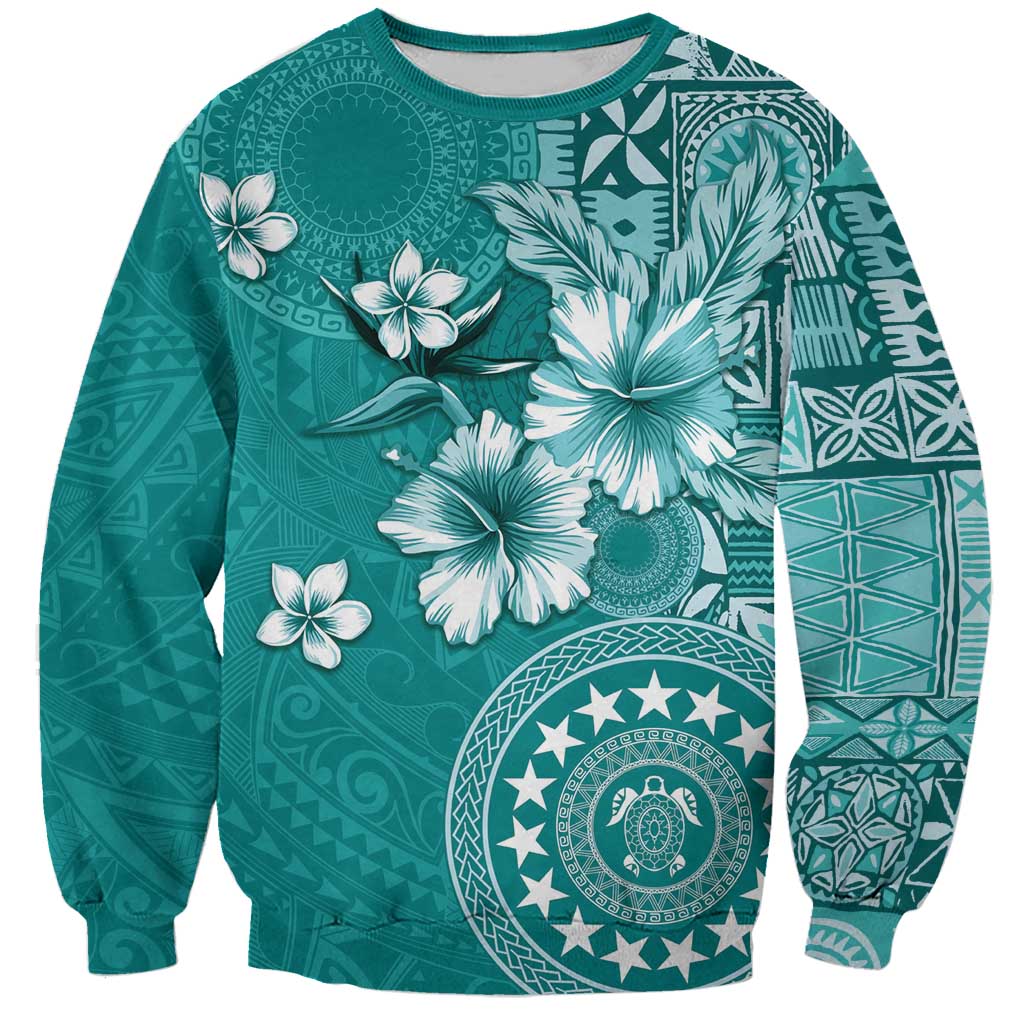 Cook Islands Sweatshirt Teal Hibiscus And Stars