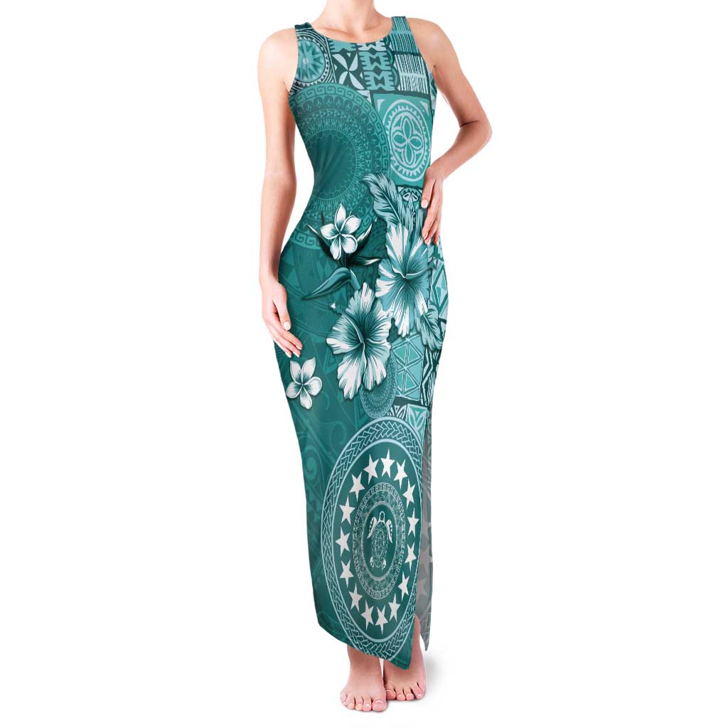 Cook Islands Tank Maxi Dress Teal Hibiscus And Stars