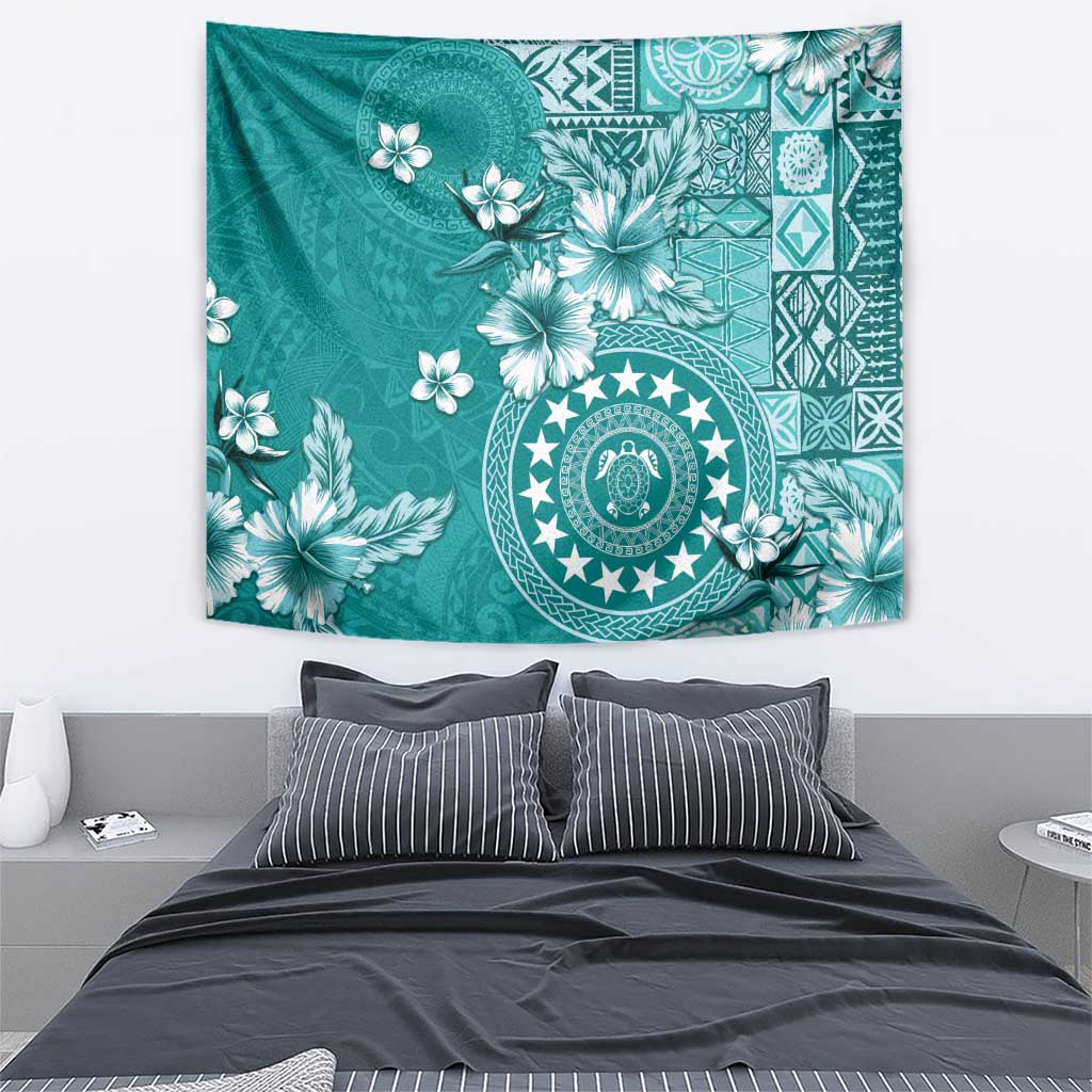 Cook Islands Tapestry Teal Hibiscus And Stars