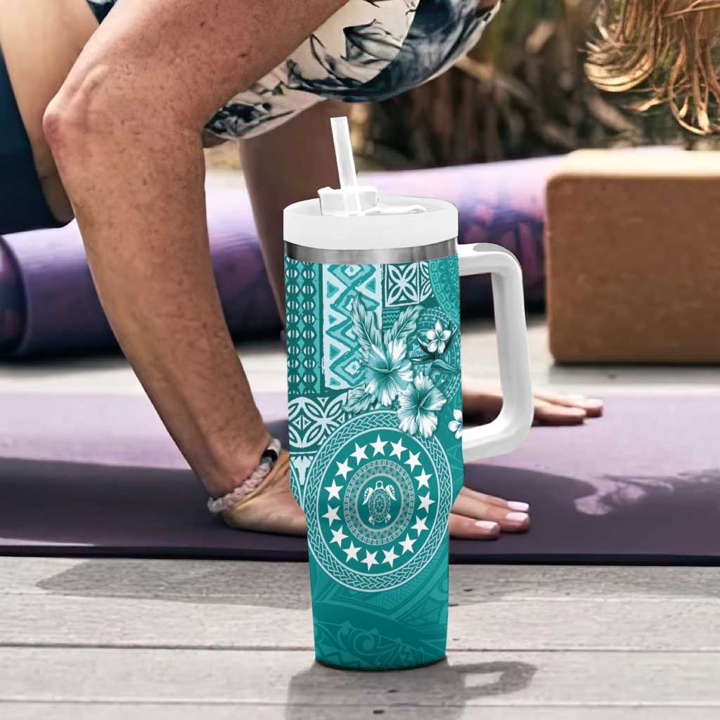 Cook Islands Tumbler With Handle Teal Hibiscus And Stars