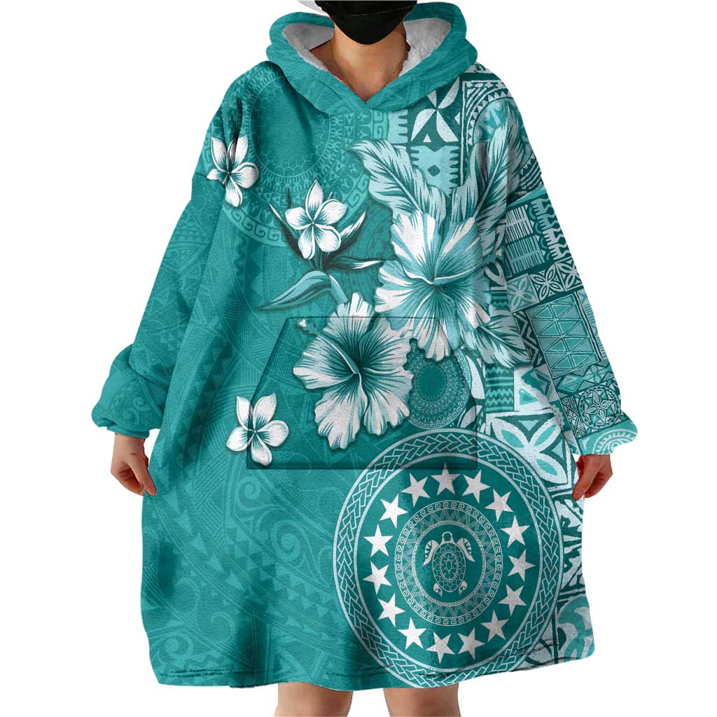 Cook Islands Wearable Blanket Hoodie Teal Hibiscus And Stars