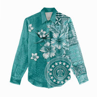 Cook Islands Women Casual Shirt Teal Hibiscus And Stars