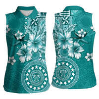 Cook Islands Women Sleeveless Polo Shirt Teal Hibiscus And Stars