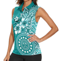 Cook Islands Women Sleeveless Polo Shirt Teal Hibiscus And Stars