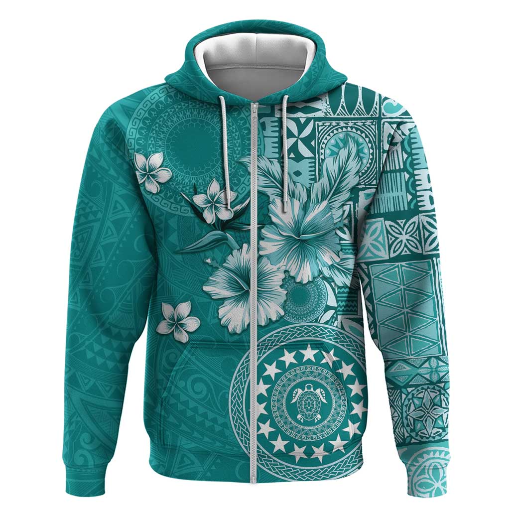 Cook Islands Zip Hoodie Teal Hibiscus And Stars