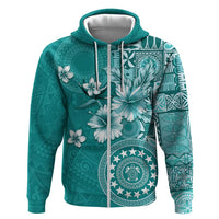 Cook Islands Zip Hoodie Teal Hibiscus And Stars