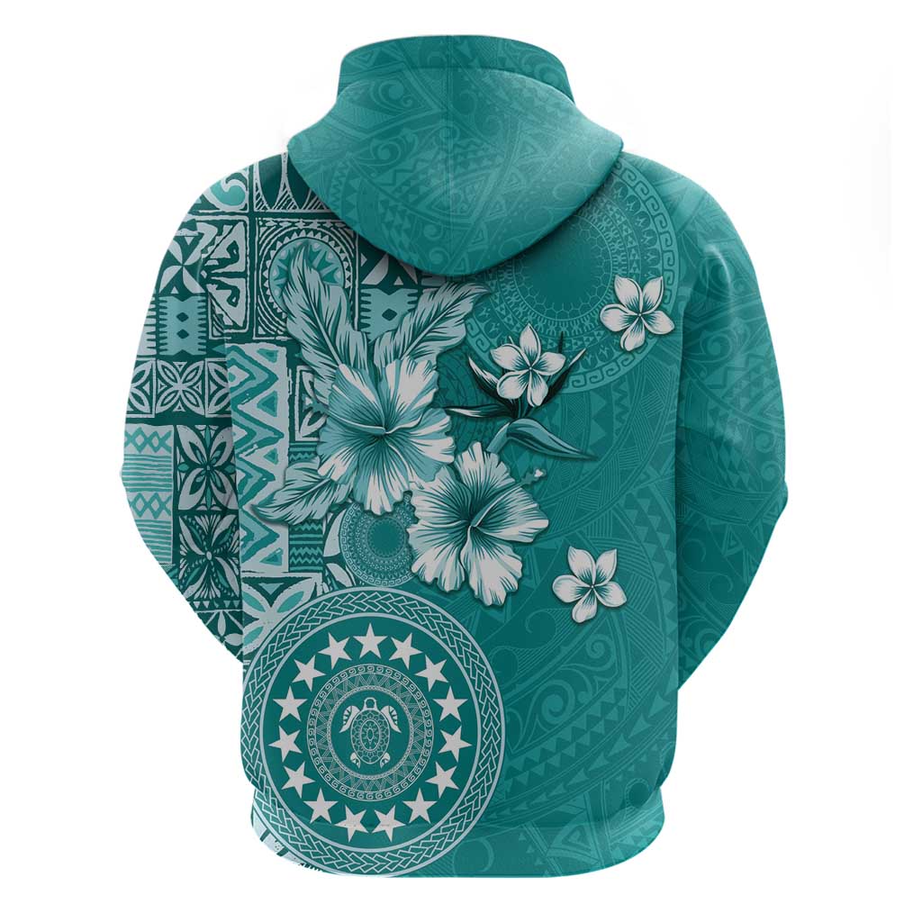 Cook Islands Zip Hoodie Teal Hibiscus And Stars