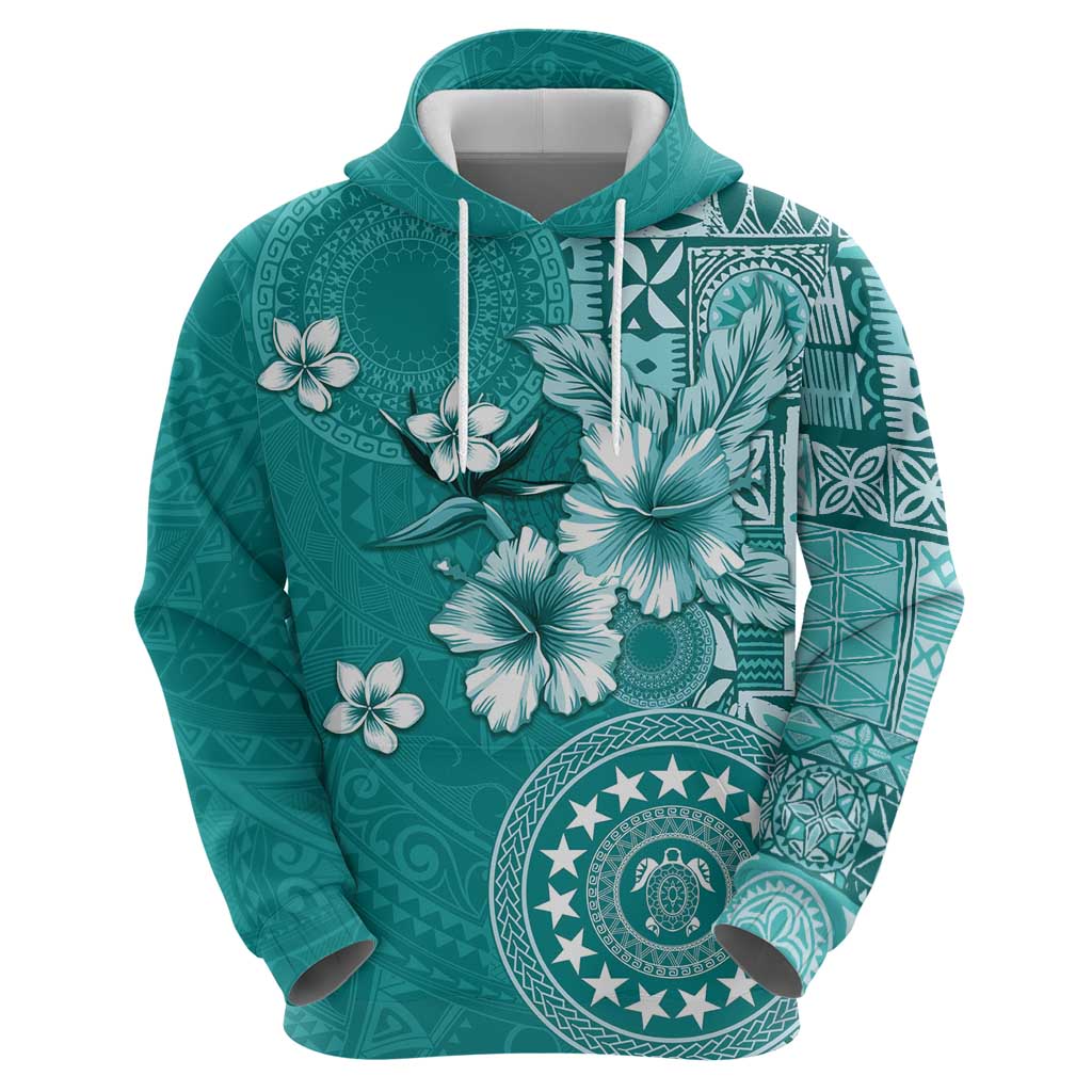 Cook Islands Zip Hoodie Teal Hibiscus And Stars