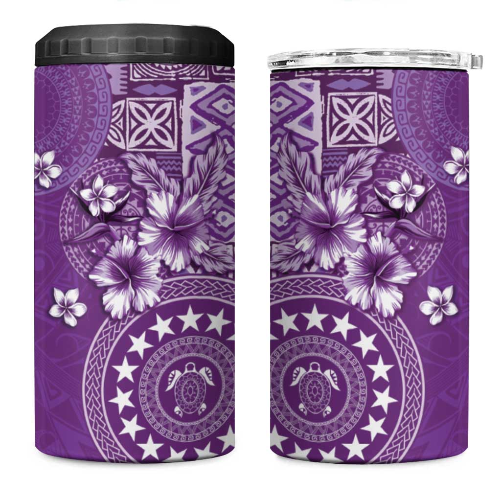 Cook Islands 4 in 1 Can Cooler Tumbler Purple Hibiscus And Stars