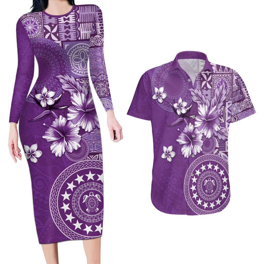Cook Islands Couples Matching Long Sleeve Bodycon Dress and Hawaiian Shirt Purple Hibiscus And Stars