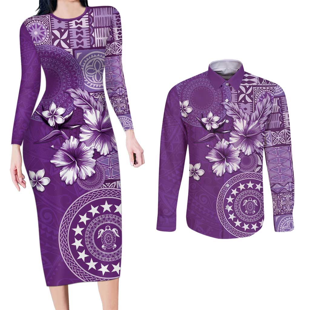 Cook Islands Couples Matching Long Sleeve Bodycon Dress and Long Sleeve Button Shirt Purple Hibiscus And Stars