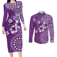 Cook Islands Couples Matching Long Sleeve Bodycon Dress and Long Sleeve Button Shirt Purple Hibiscus And Stars
