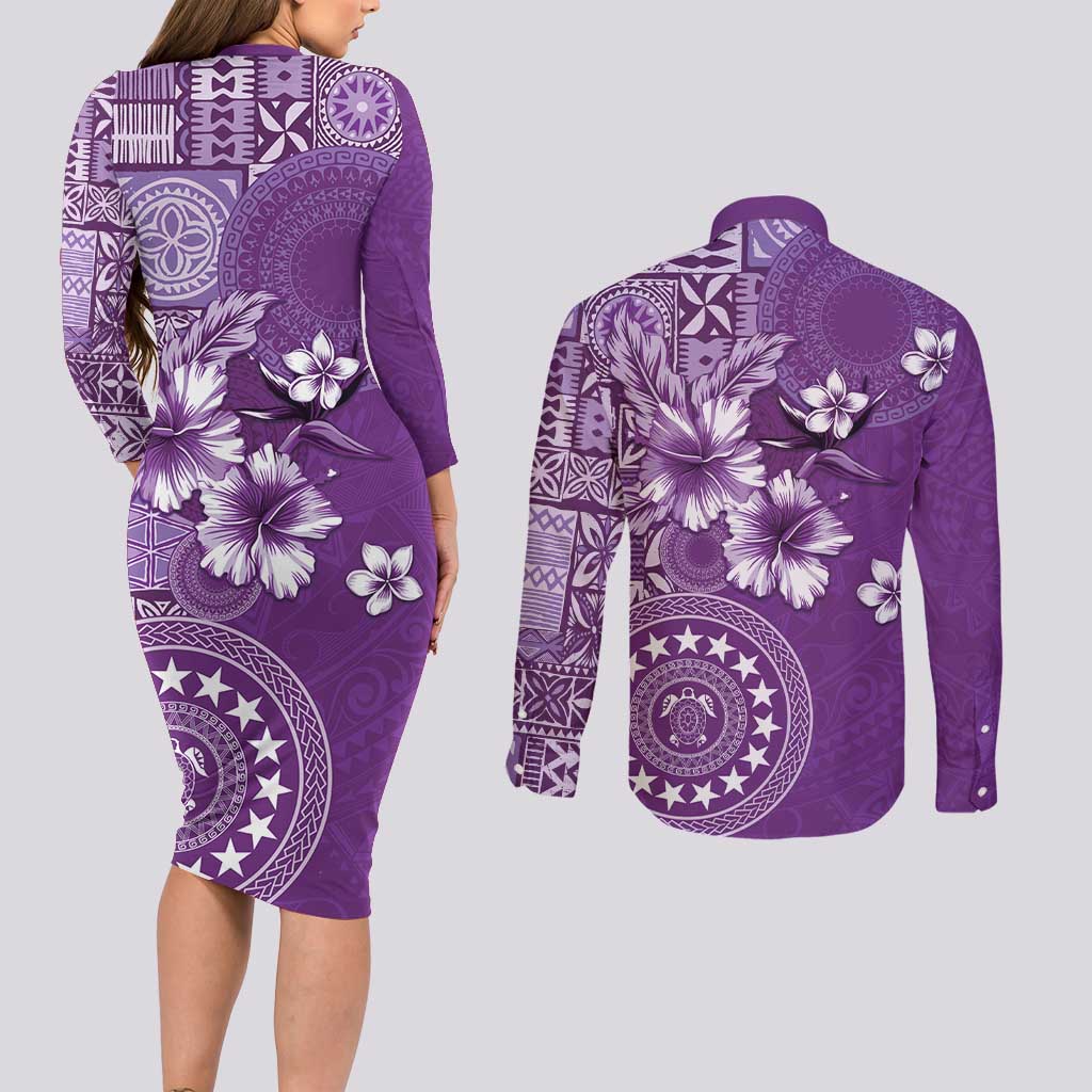 Cook Islands Couples Matching Long Sleeve Bodycon Dress and Long Sleeve Button Shirt Purple Hibiscus And Stars