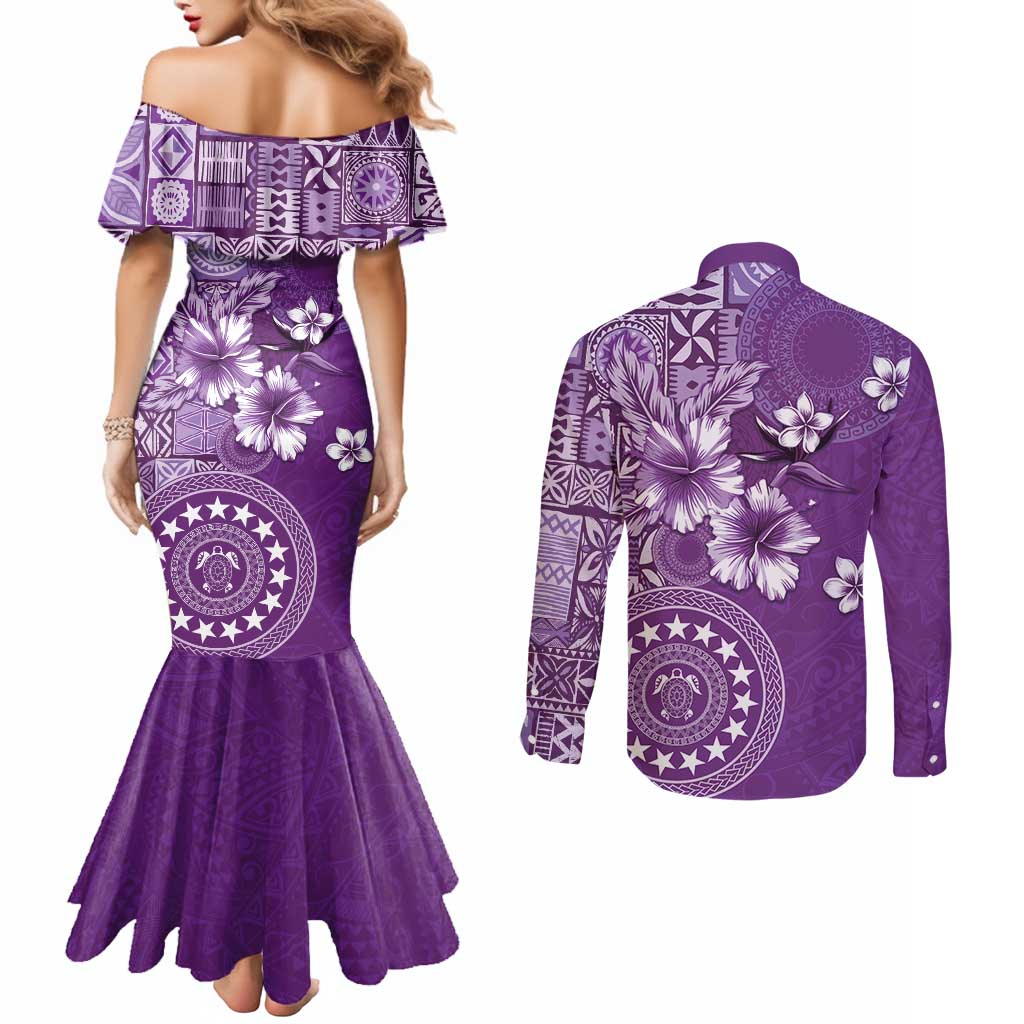 Cook Islands Couples Matching Mermaid Dress and Long Sleeve Button Shirt Purple Hibiscus And Stars