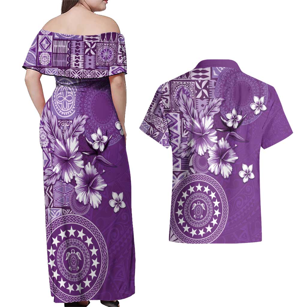 Cook Islands Couples Matching Off Shoulder Maxi Dress and Hawaiian Shirt Purple Hibiscus And Stars