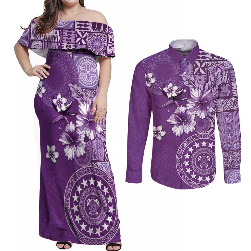Cook Islands Couples Matching Off Shoulder Maxi Dress and Long Sleeve Button Shirt Purple Hibiscus And Stars