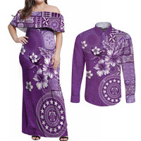 Cook Islands Couples Matching Off Shoulder Maxi Dress and Long Sleeve Button Shirt Purple Hibiscus And Stars