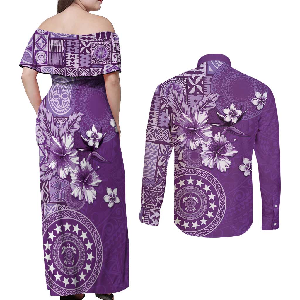 Cook Islands Couples Matching Off Shoulder Maxi Dress and Long Sleeve Button Shirt Purple Hibiscus And Stars