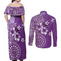 Cook Islands Couples Matching Off Shoulder Maxi Dress and Long Sleeve Button Shirt Purple Hibiscus And Stars