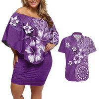 Cook Islands Couples Matching Off Shoulder Short Dress and Hawaiian Shirt Purple Hibiscus And Stars