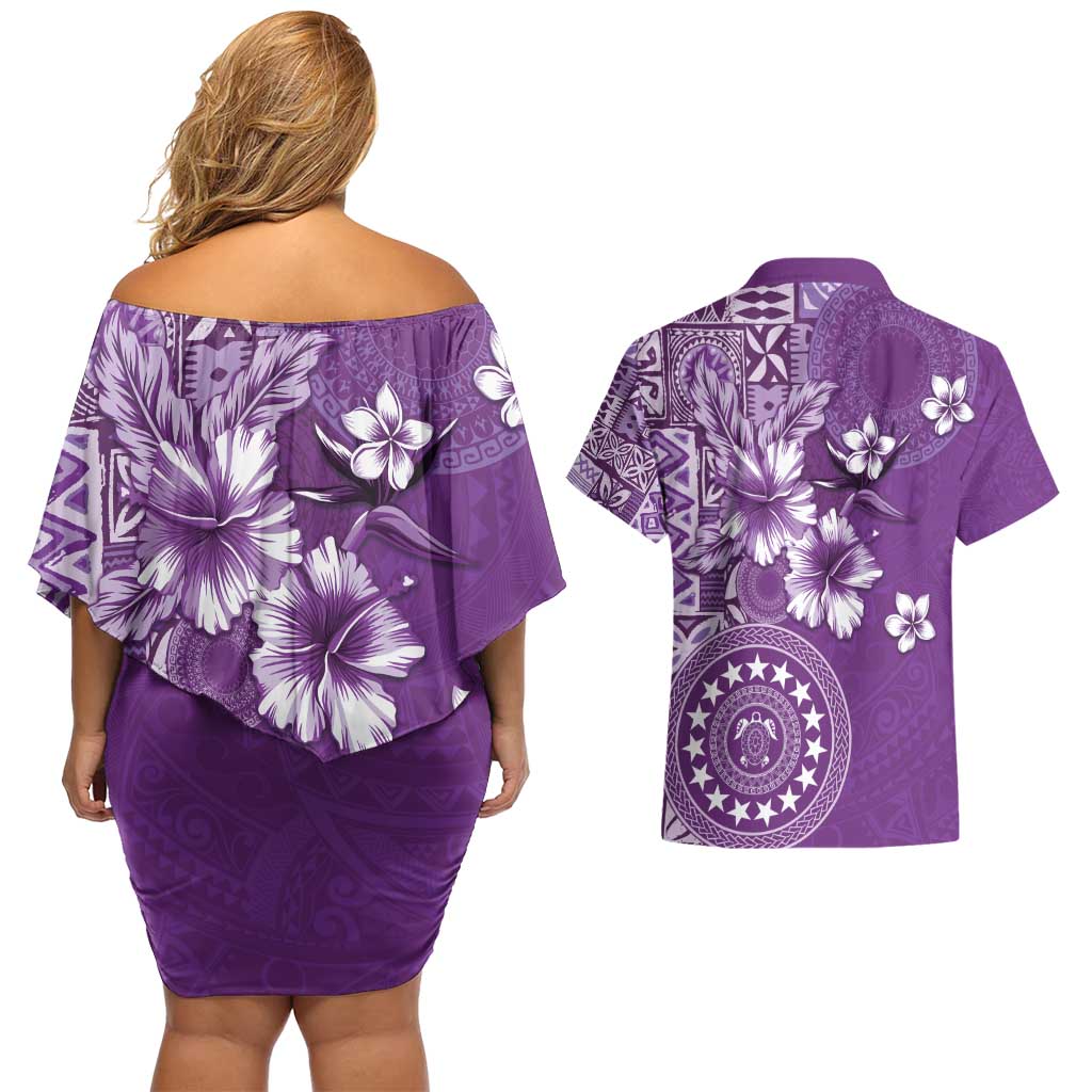 Cook Islands Couples Matching Off Shoulder Short Dress and Hawaiian Shirt Purple Hibiscus And Stars