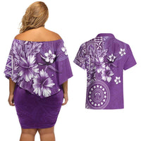 Cook Islands Couples Matching Off Shoulder Short Dress and Hawaiian Shirt Purple Hibiscus And Stars