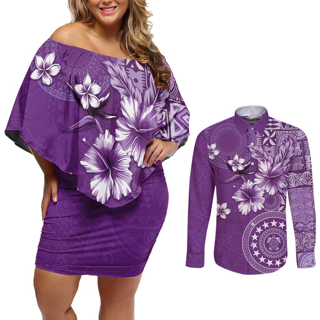 Cook Islands Couples Matching Off Shoulder Short Dress and Long Sleeve Button Shirt Purple Hibiscus And Stars
