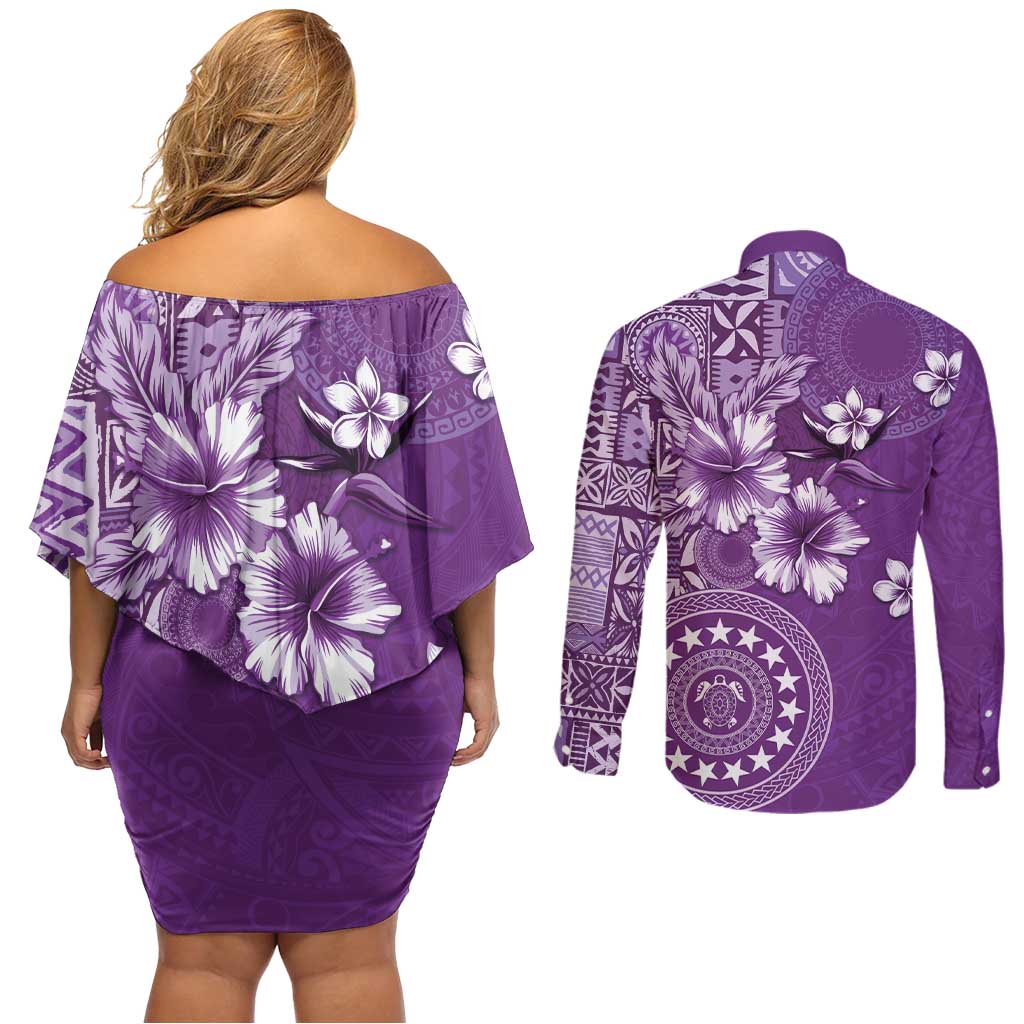 Cook Islands Couples Matching Off Shoulder Short Dress and Long Sleeve Button Shirt Purple Hibiscus And Stars