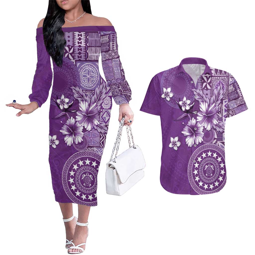 Cook Islands Couples Matching Off The Shoulder Long Sleeve Dress and Hawaiian Shirt Purple Hibiscus And Stars