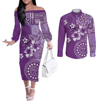 Cook Islands Couples Matching Off The Shoulder Long Sleeve Dress and Long Sleeve Button Shirt Purple Hibiscus And Stars