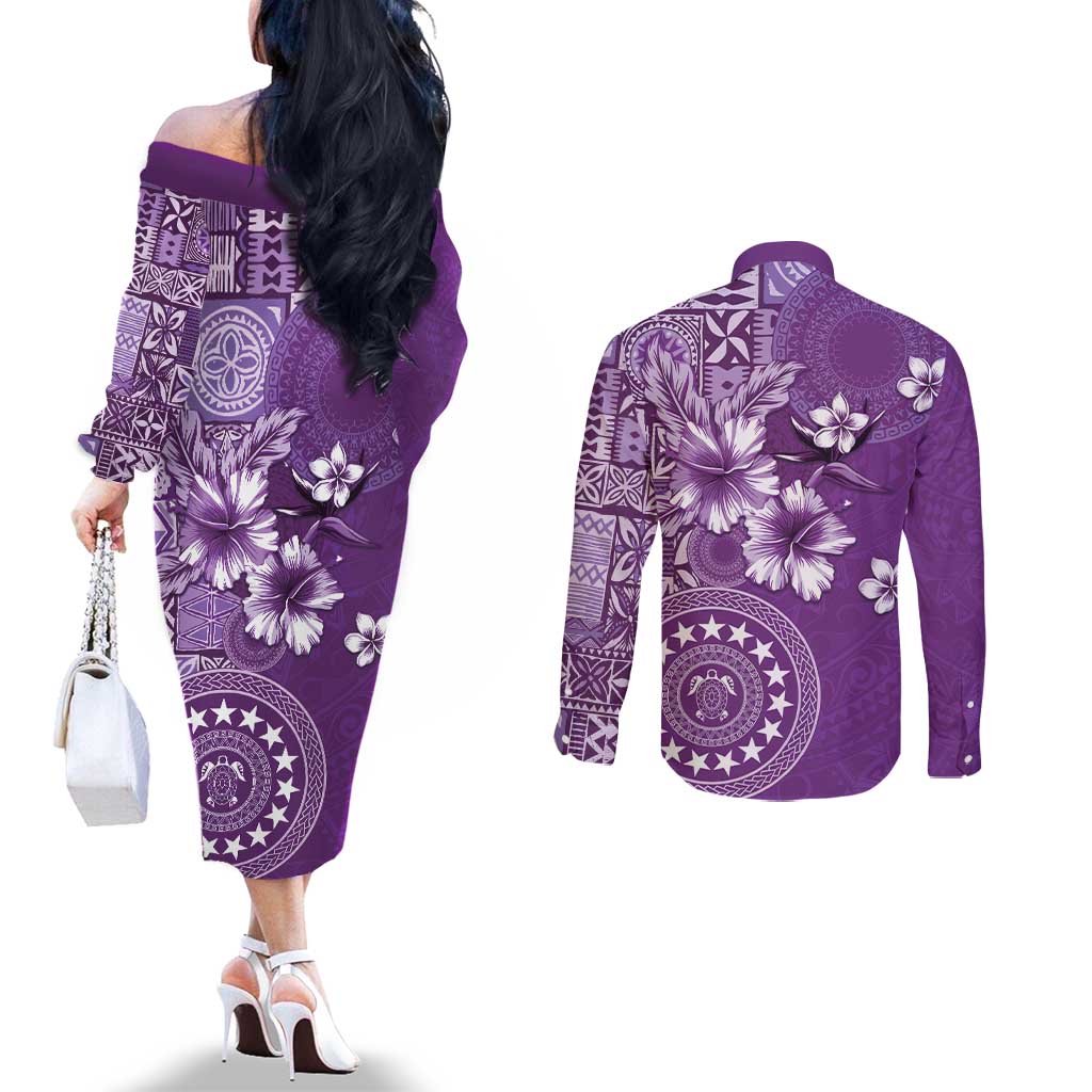 Cook Islands Couples Matching Off The Shoulder Long Sleeve Dress and Long Sleeve Button Shirt Purple Hibiscus And Stars