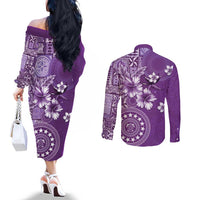 Cook Islands Couples Matching Off The Shoulder Long Sleeve Dress and Long Sleeve Button Shirt Purple Hibiscus And Stars