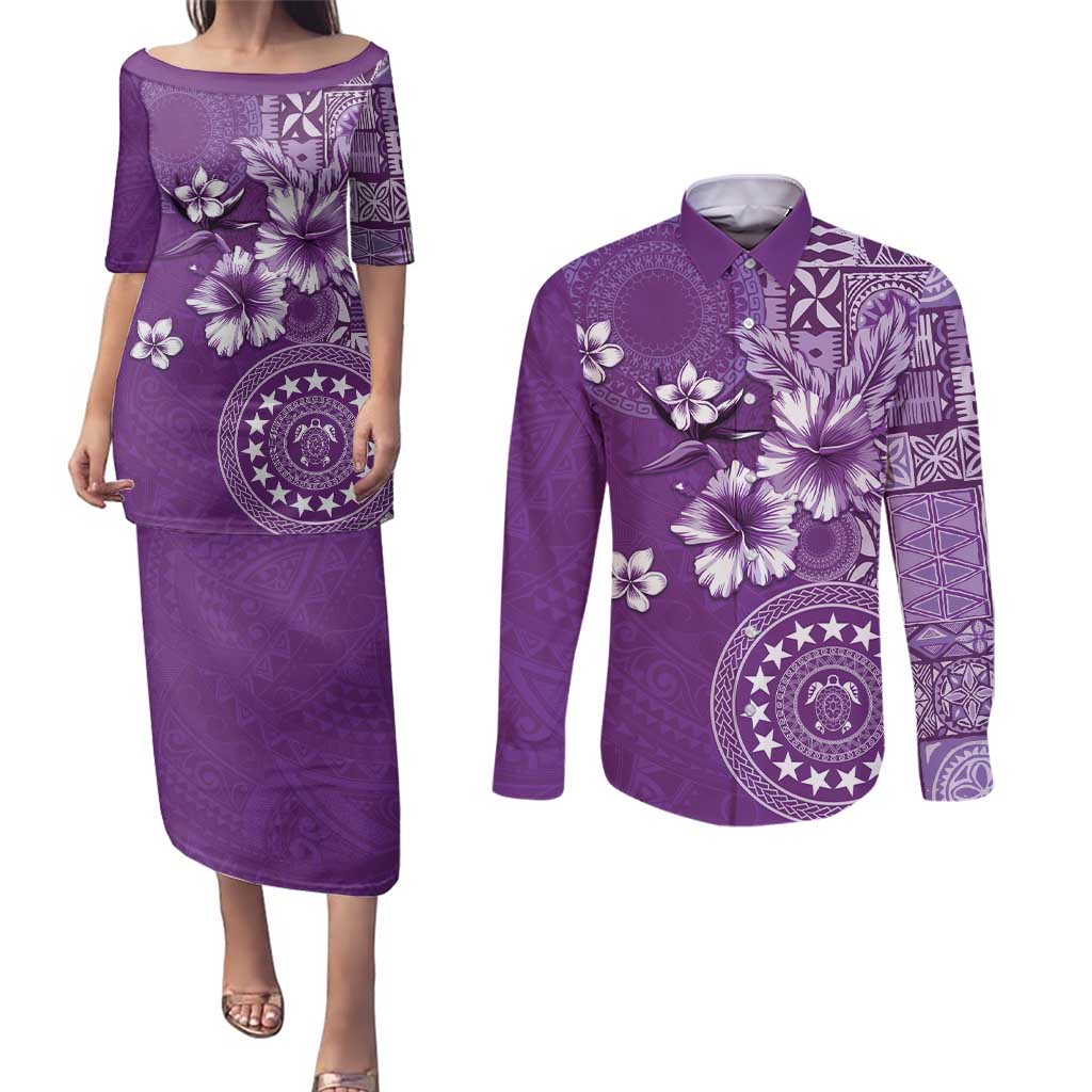 Cook Islands Couples Matching Puletasi and Long Sleeve Button Shirt Purple Hibiscus And Stars