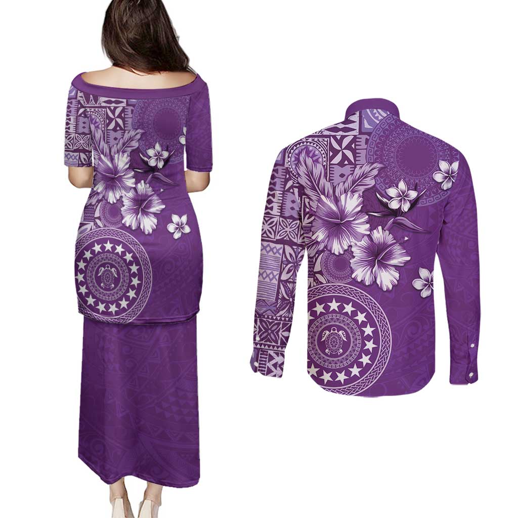 Cook Islands Couples Matching Puletasi and Long Sleeve Button Shirt Purple Hibiscus And Stars