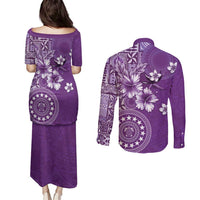 Cook Islands Couples Matching Puletasi and Long Sleeve Button Shirt Purple Hibiscus And Stars