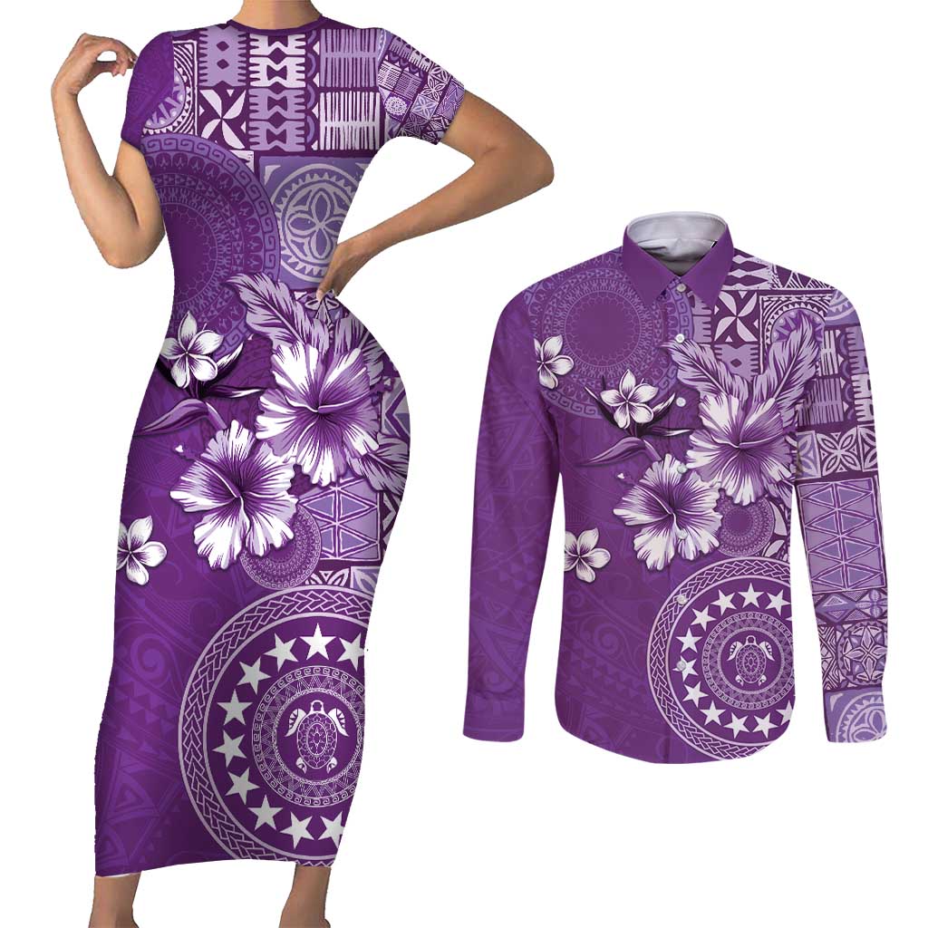 Cook Islands Couples Matching Short Sleeve Bodycon Dress and Long Sleeve Button Shirt Purple Hibiscus And Stars