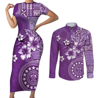 Cook Islands Couples Matching Short Sleeve Bodycon Dress and Long Sleeve Button Shirt Purple Hibiscus And Stars