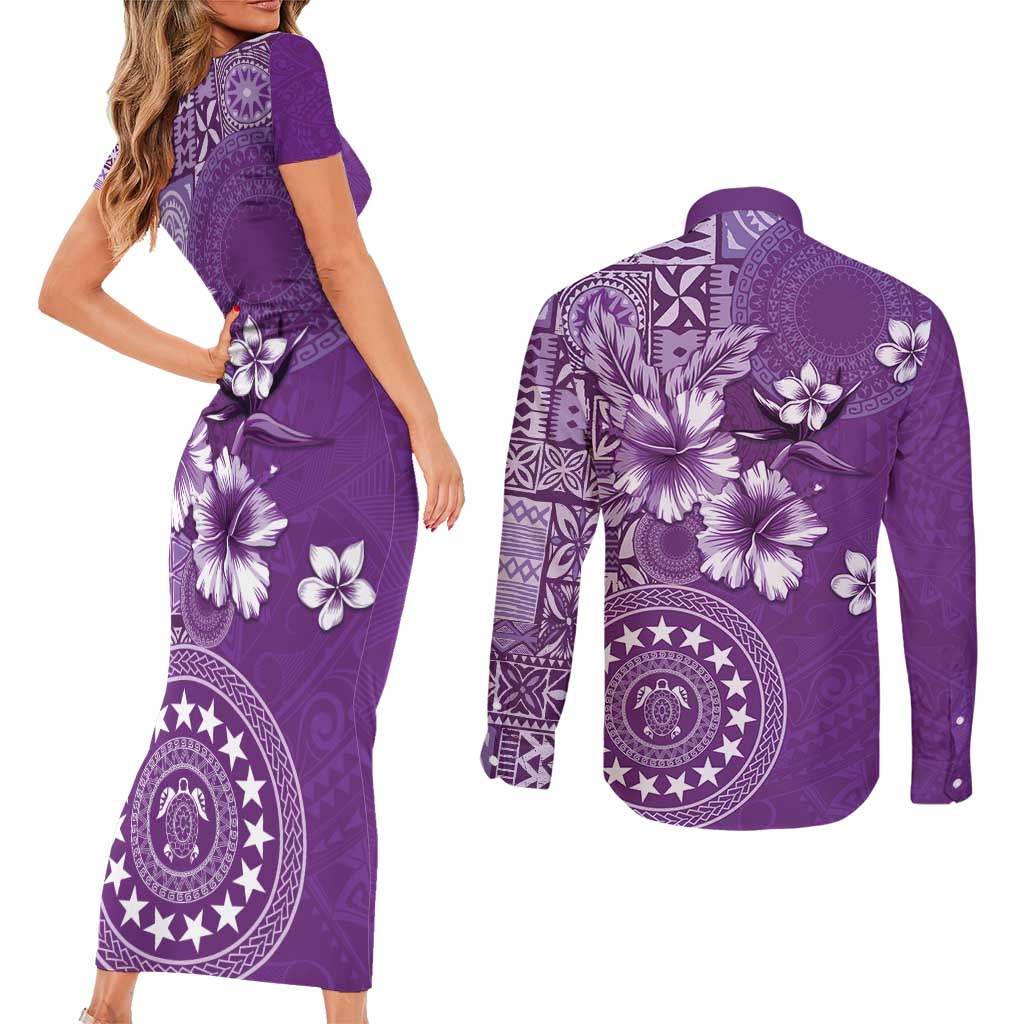 Cook Islands Couples Matching Short Sleeve Bodycon Dress and Long Sleeve Button Shirt Purple Hibiscus And Stars