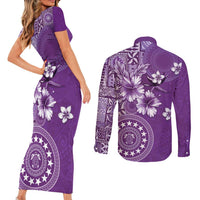 Cook Islands Couples Matching Short Sleeve Bodycon Dress and Long Sleeve Button Shirt Purple Hibiscus And Stars