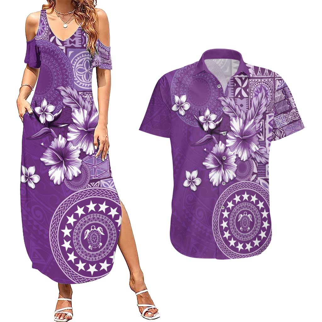 Cook Islands Couples Matching Summer Maxi Dress and Hawaiian Shirt Purple Hibiscus And Stars