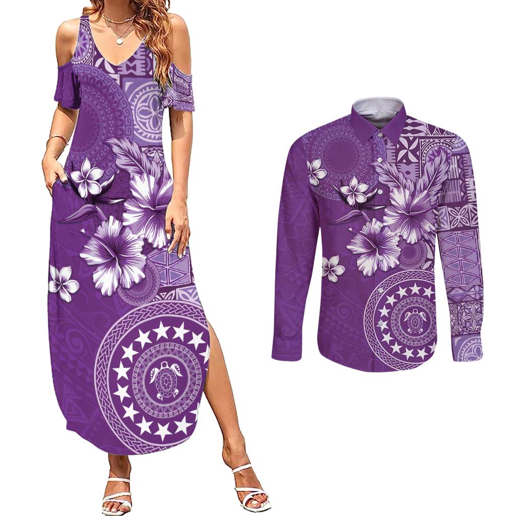 Cook Islands Couples Matching Summer Maxi Dress and Long Sleeve Button Shirt Purple Hibiscus And Stars