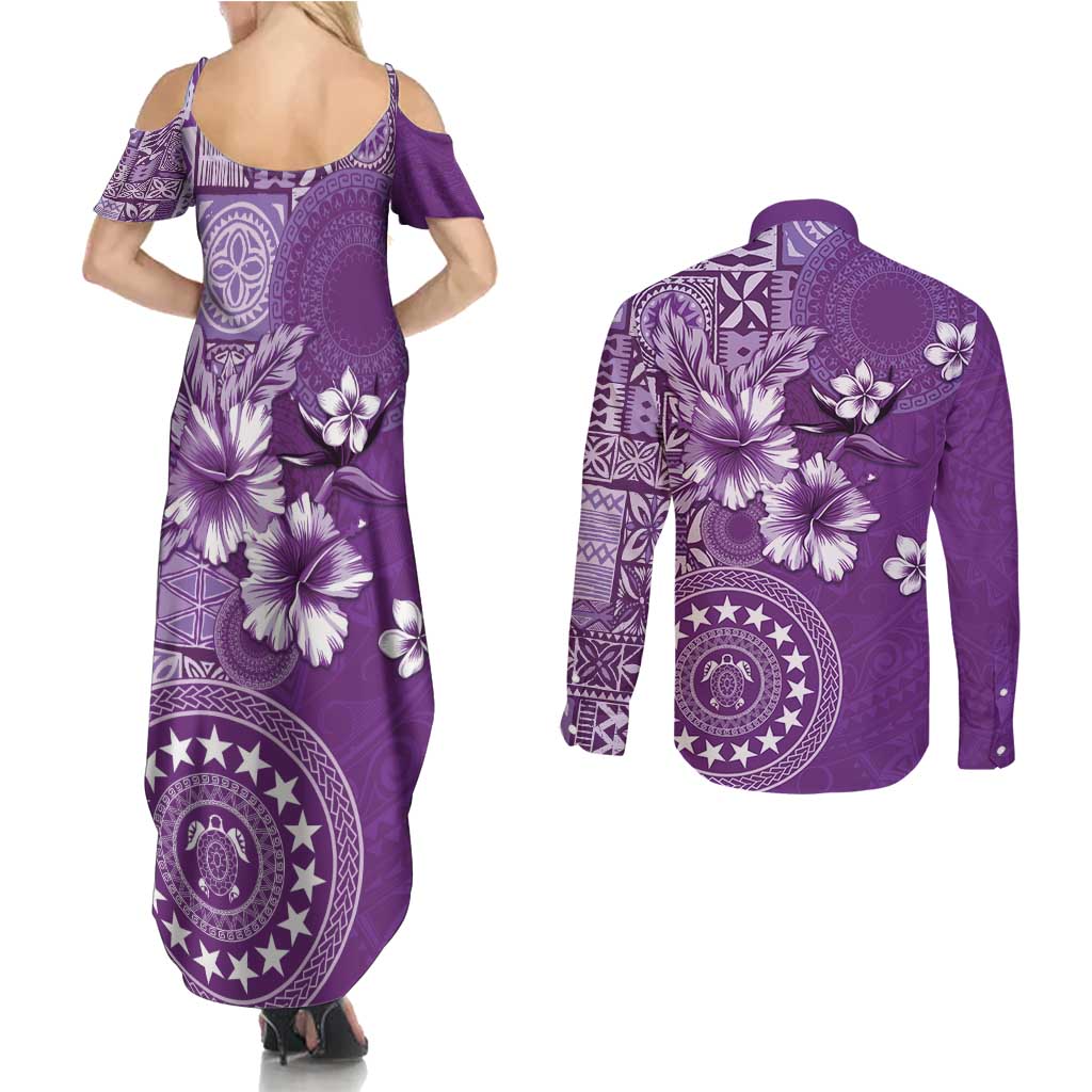 Cook Islands Couples Matching Summer Maxi Dress and Long Sleeve Button Shirt Purple Hibiscus And Stars