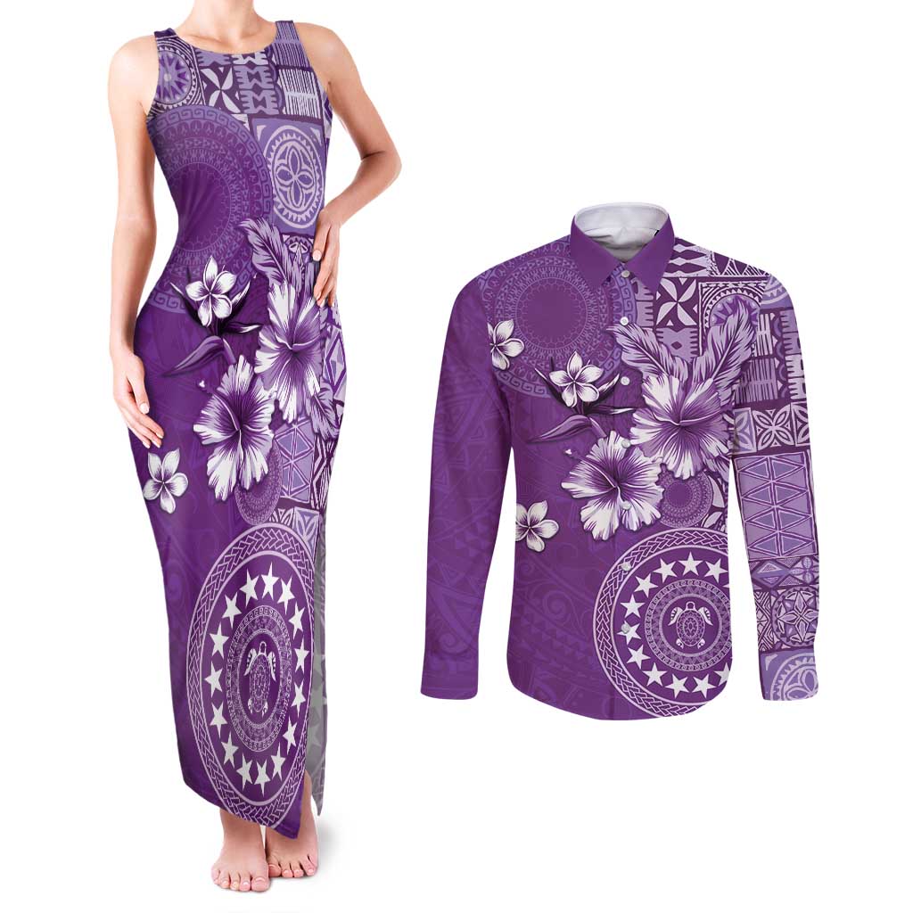 Cook Islands Couples Matching Tank Maxi Dress and Long Sleeve Button Shirt Purple Hibiscus And Stars