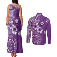 Cook Islands Couples Matching Tank Maxi Dress and Long Sleeve Button Shirt Purple Hibiscus And Stars