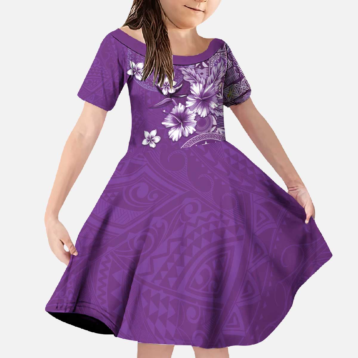 Cook Islands Family Matching Off The Shoulder Long Sleeve Dress and Hawaiian Shirt Purple Hibiscus And Stars