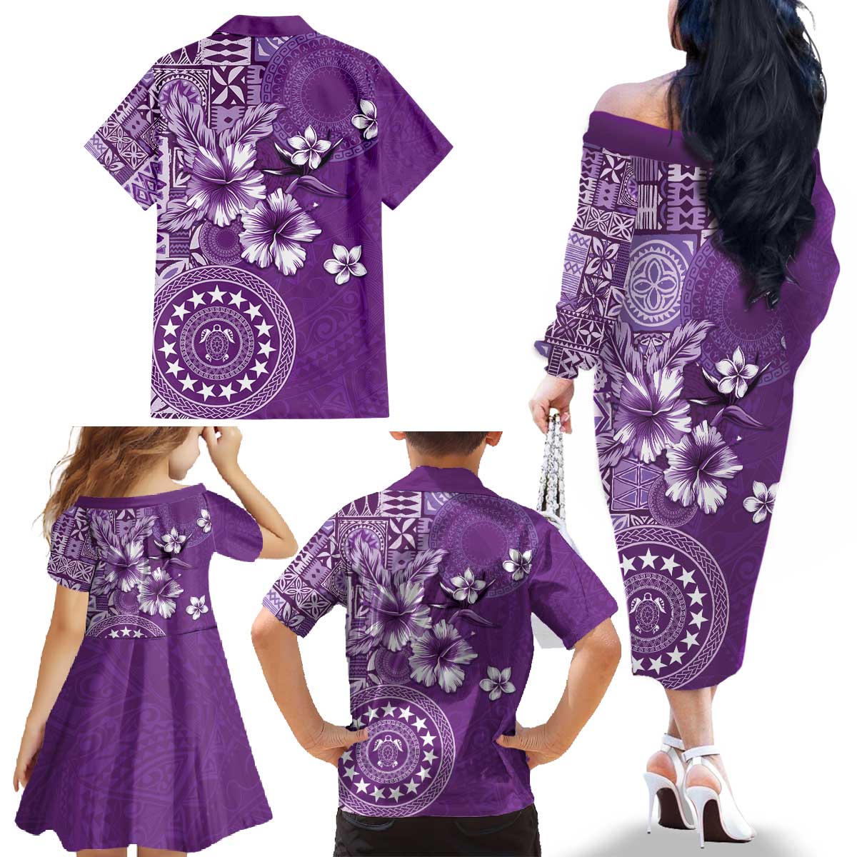 Cook Islands Family Matching Off The Shoulder Long Sleeve Dress and Hawaiian Shirt Purple Hibiscus And Stars