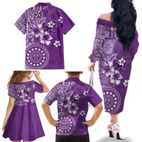 Cook Islands Family Matching Off The Shoulder Long Sleeve Dress and Hawaiian Shirt Purple Hibiscus And Stars