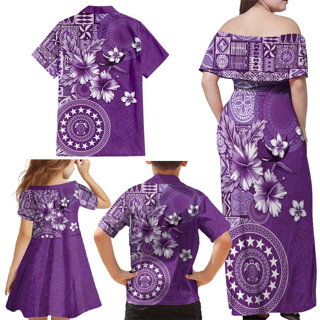 Cook Islands Family Matching Off Shoulder Maxi Dress and Hawaiian Shirt Purple Hibiscus And Stars