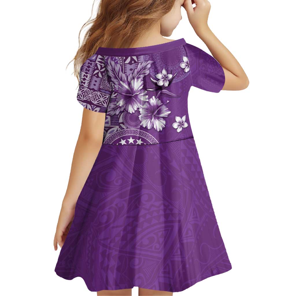 Cook Islands Family Matching Off Shoulder Short Dress and Hawaiian Shirt Purple Hibiscus And Stars